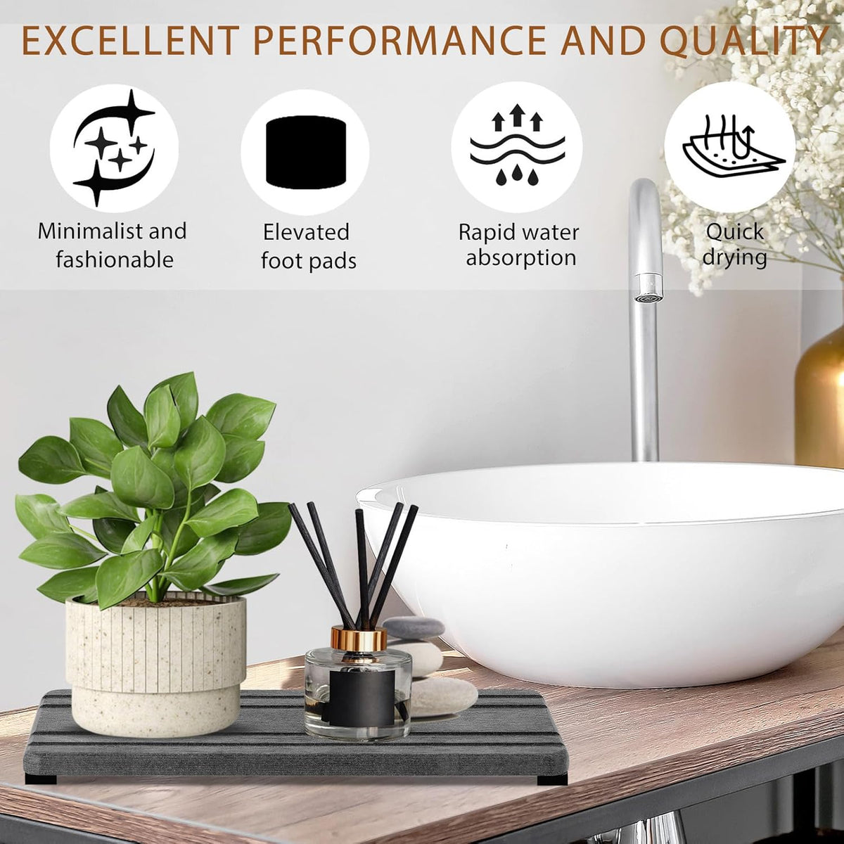 2PCS Water Absorbing Stone Tray, Quick Drying Diatomite Stone Sink Tray, Water Absorbent Diatomite