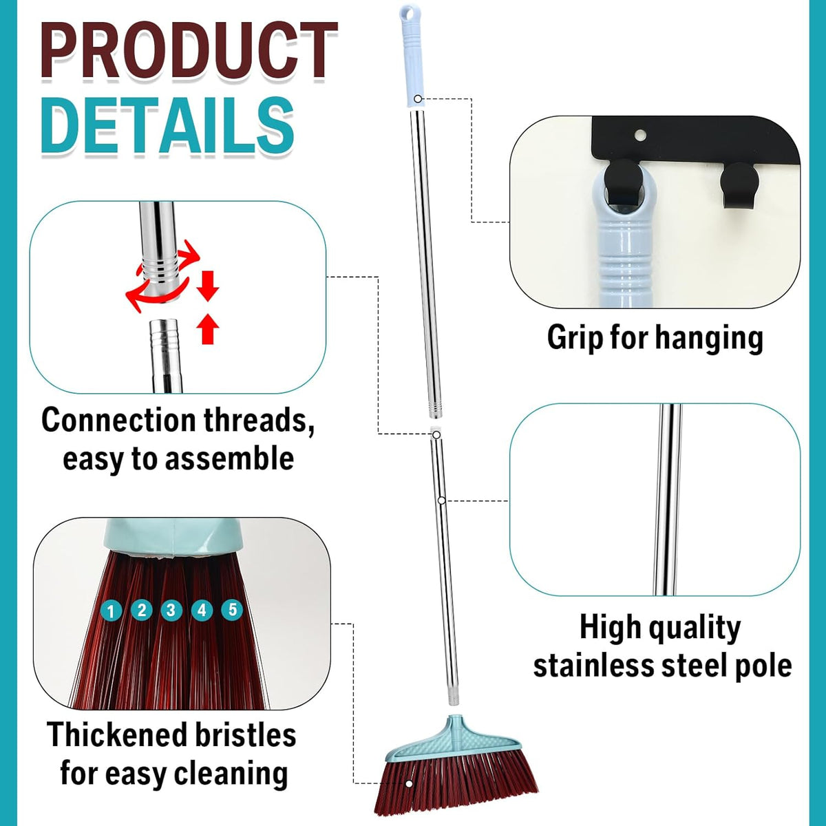 Lasnten 8 Pcs Heavy Duty Broom Commercial Set 49" Stainless Steel Detachable Handle Indoor and