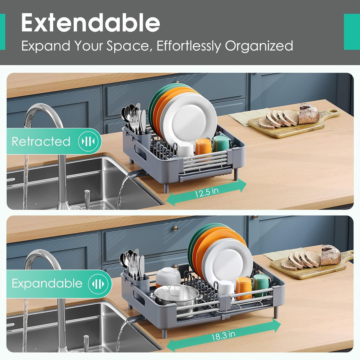 Dish Drying Rack for Kitchen Counter, Extendable Dish Rack with Drainboard, Expandable Dish