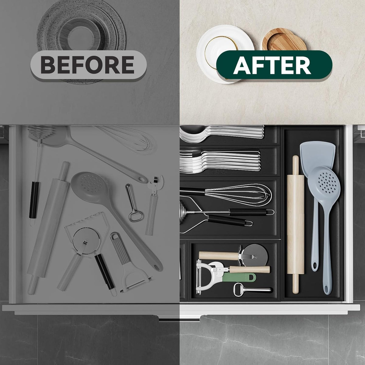 Bamboo Drawer Organizer, Extra Large Silverware Organizer for Kitchen Drawer, Stackable Utensil