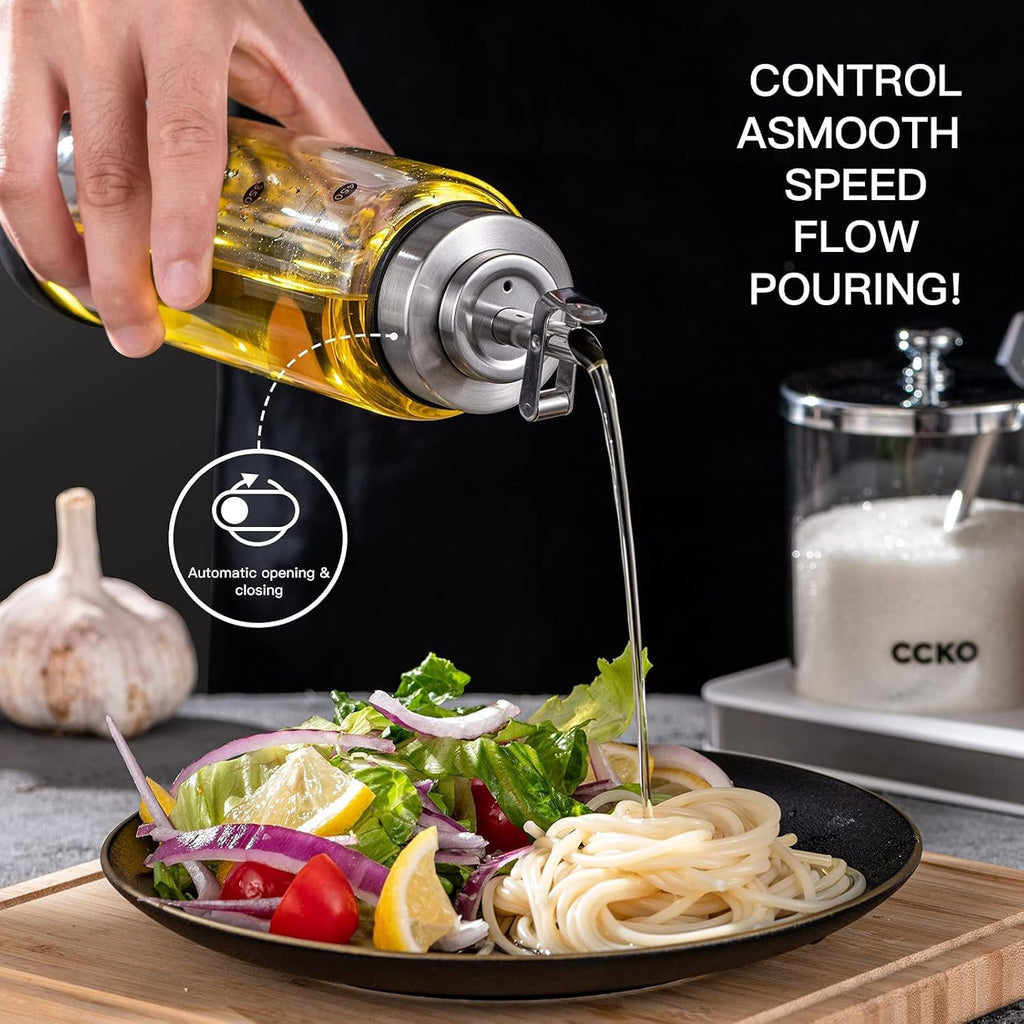 Glass Olive Oil Dispenser Bottle with Stainless Steel Spouts - Shatterproof 350ml Cooking Oil &