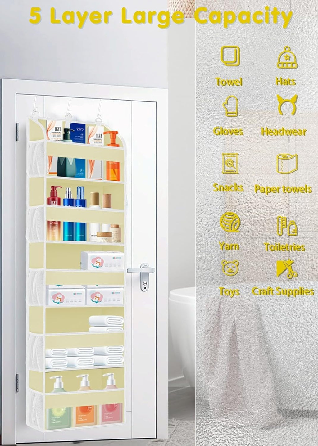 1 Pack Over The Door Storage Organizer with 5 Pockets 10 Mesh Pockets, 44 lbs Weight Capacity Door