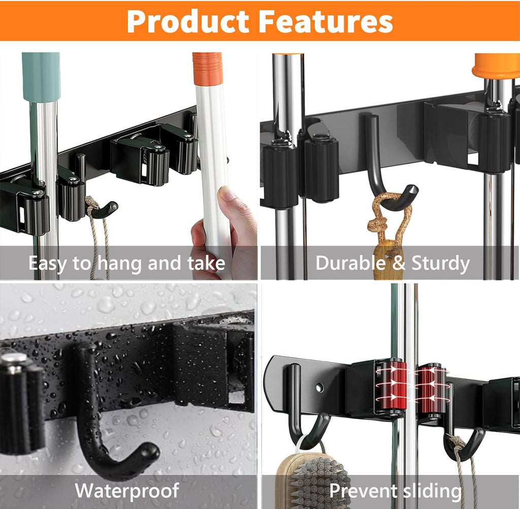 2 Pack Mop and Broom Holder Wall Mount, Non-slip Broom Hanger Wall Mount, Heavy Duty Mop Broom