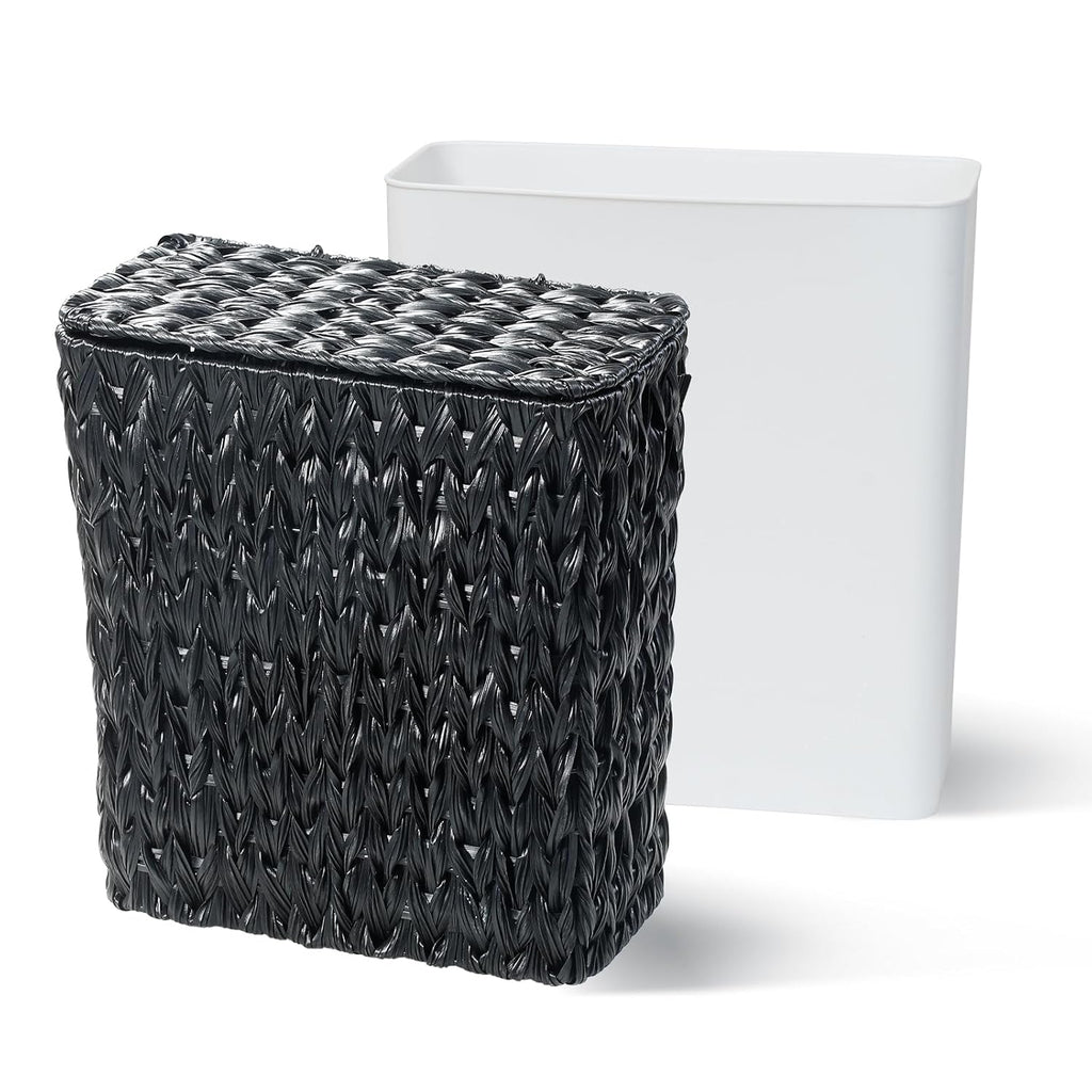 Black Wicker Trash Can with Lid and Liner,Waterproof Narrow Waste Basket for