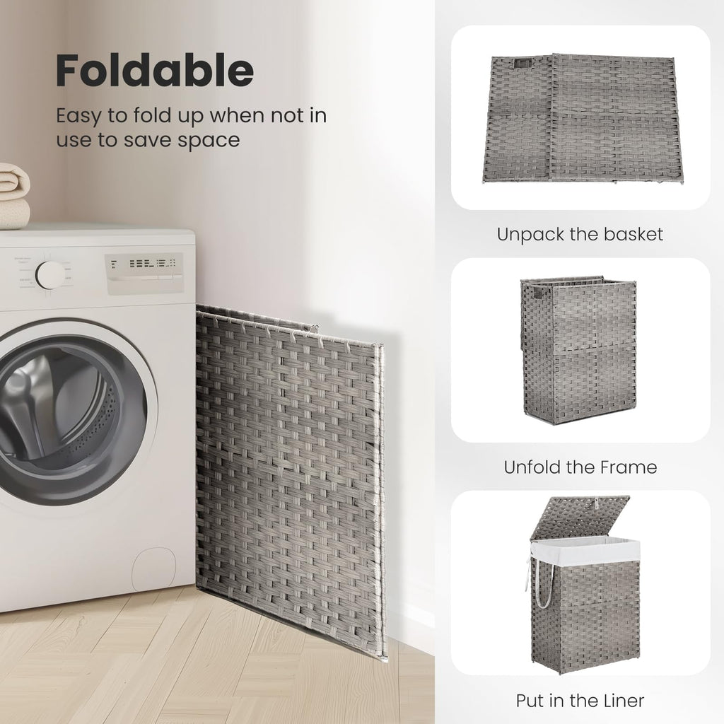DUMOS Woven Laundry Basket with Lid, 90L Large Capacity Hamper, Removable & Machine-Washable Liner