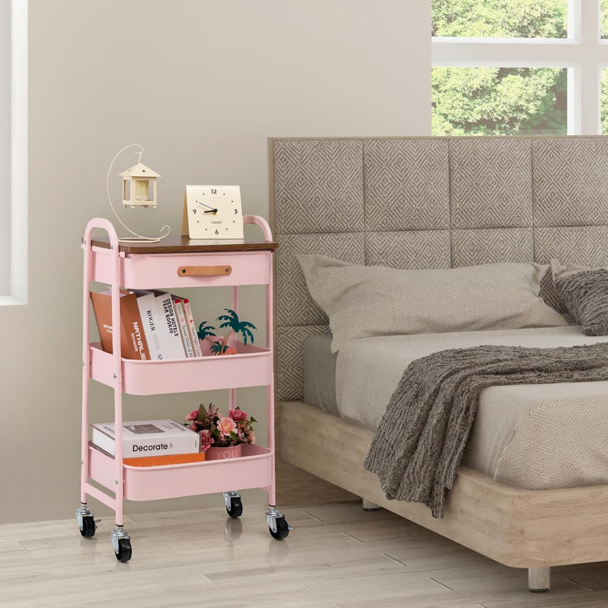 AGTEK Makeup Organizer Cart with Drawer, 3-Tier Metal Utility Cart with Hanging Cups, Leather