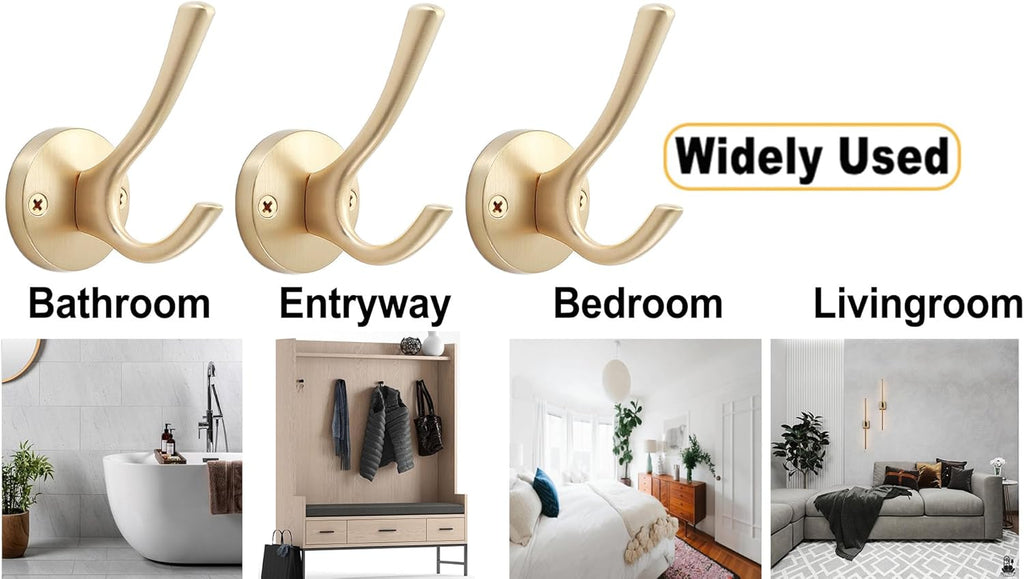 Gold Wall Hooks, 5 Pack Coat Robe Hook Heavy Duty Metal Double Bath Hook Wall Mounted, Hand Towel