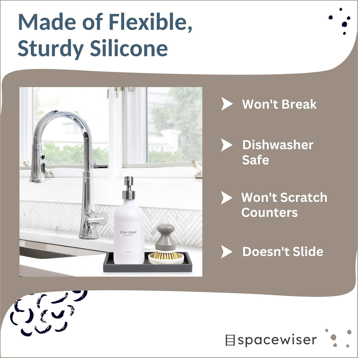 Countertop and Vanity Tray - Small 7.7" Silicone Tray for Soap Dispenser Bottles, Bathroom Trays