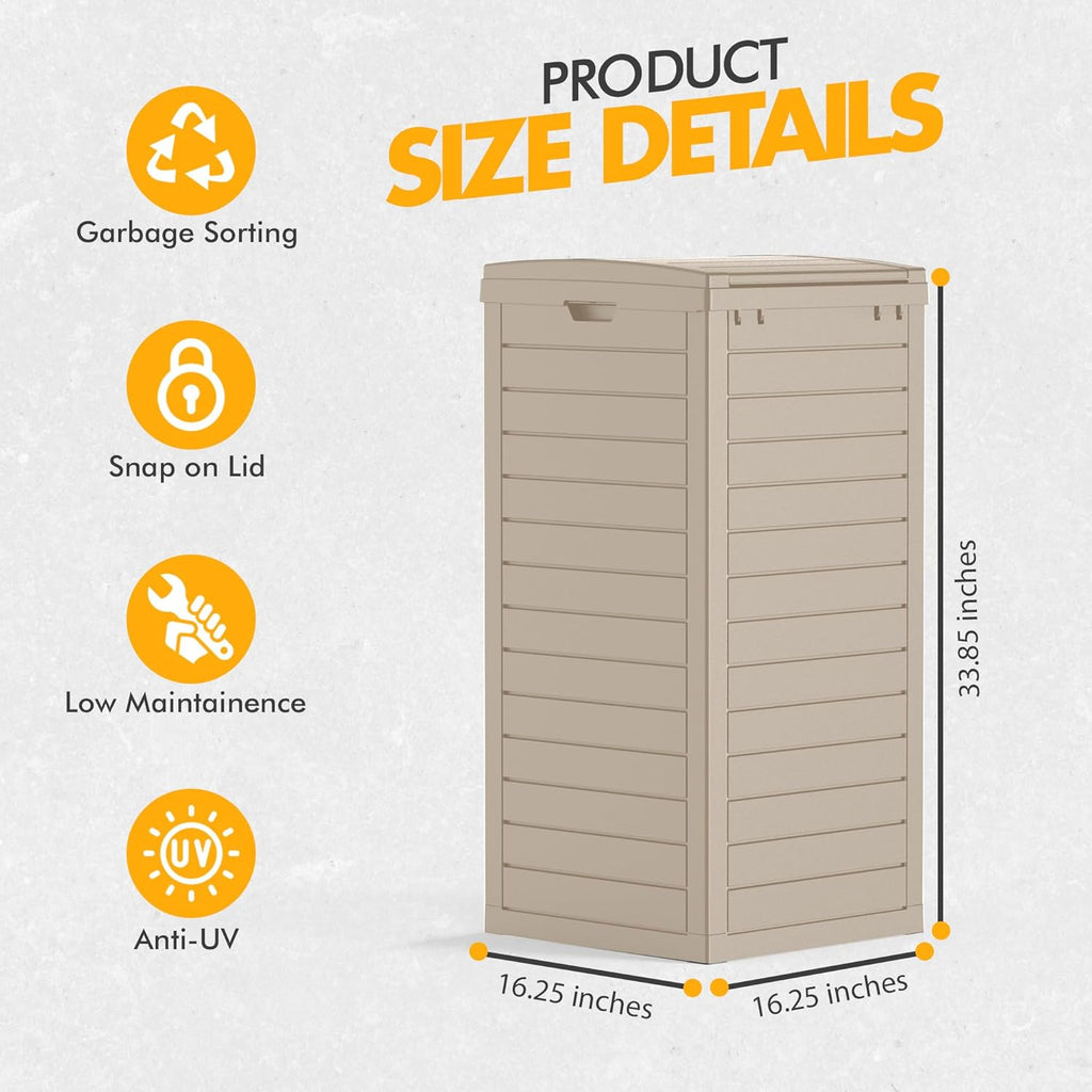 31 Gallon Outdoor Trash Can, Waterproof Resin Trash Can with Layered Lid and Drip Tray, Perfect for