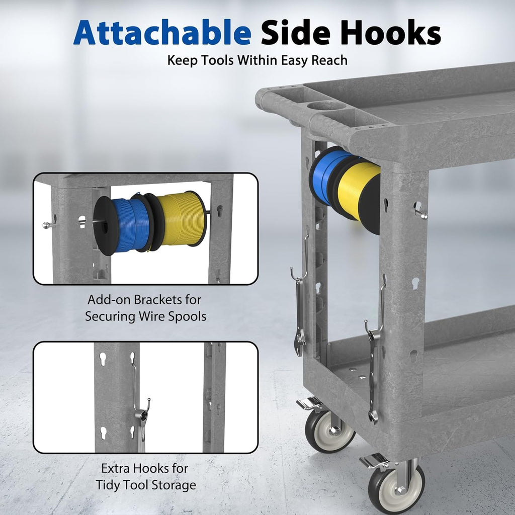 Heavy Duty Rolling Utility Cart with Wheels 2-Tier Utility Plastic Service Work Cart for Shop