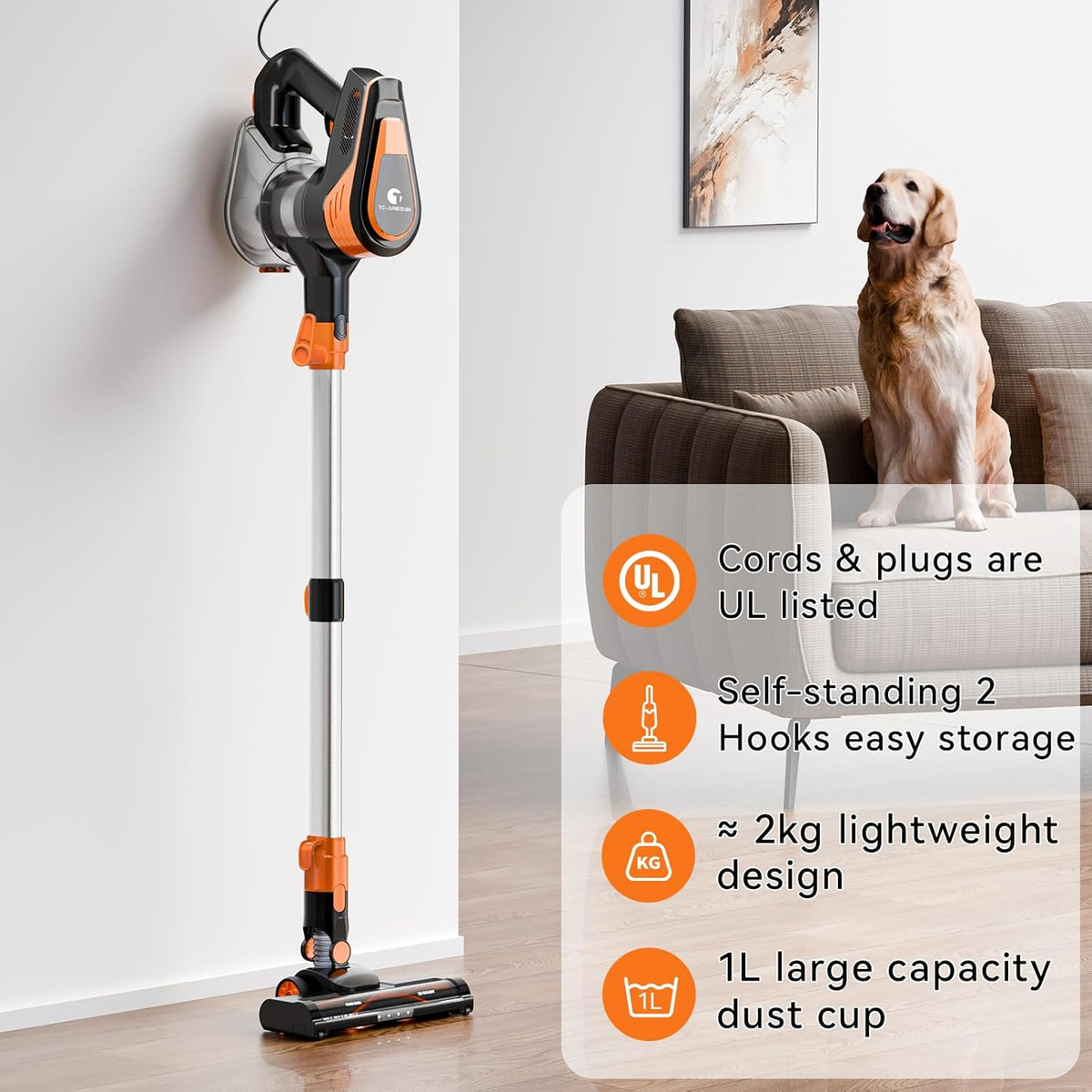 23Ft Corded Vacuum Cleaner, 600W Powerful Self-Standing Stick Vacuum for Home with 20Kpa Suction, 2