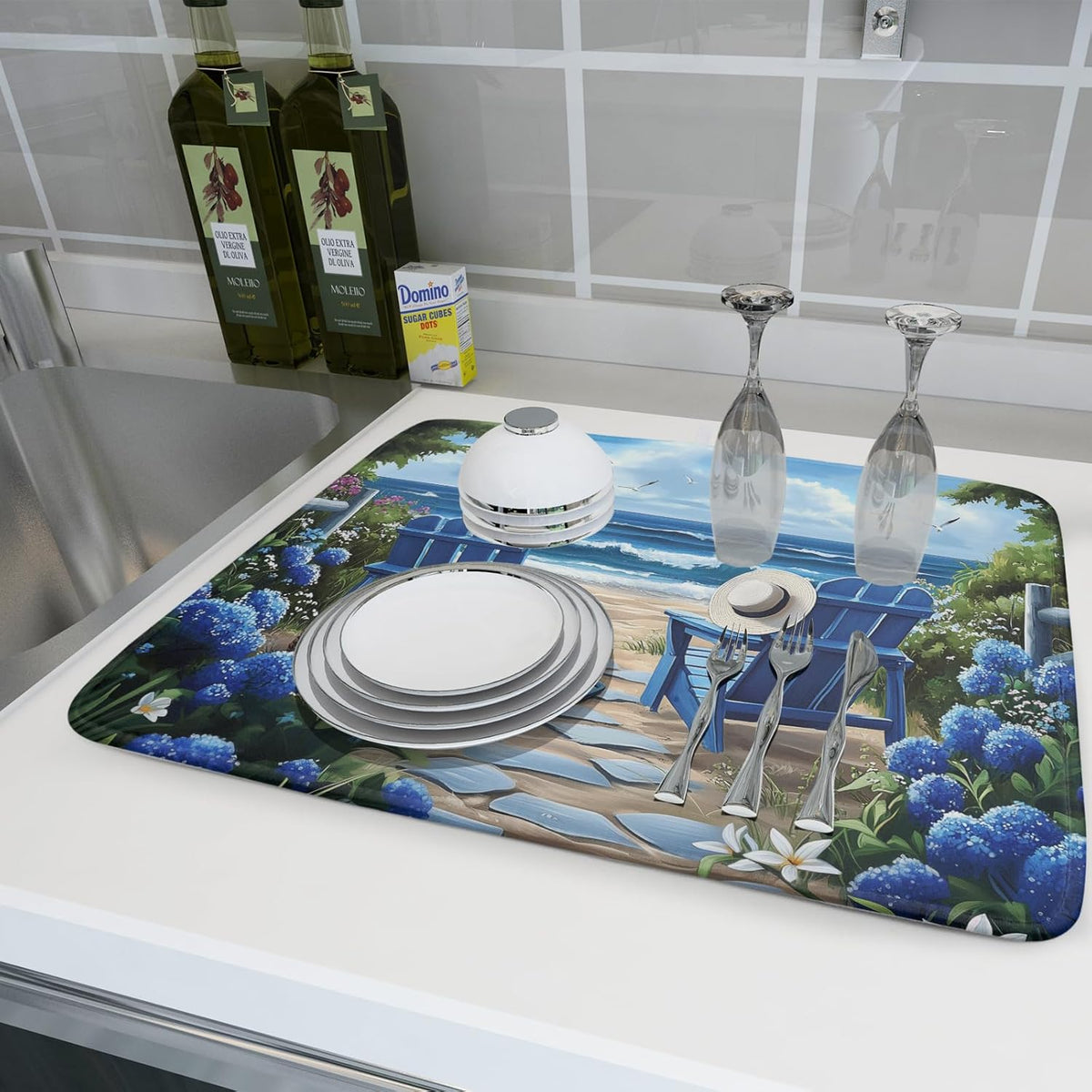 Summer Beach Dish Drying Mat 18x24 Inch Sea Shells Flowers Kitchen Mats Blue Microfiber Absorbent