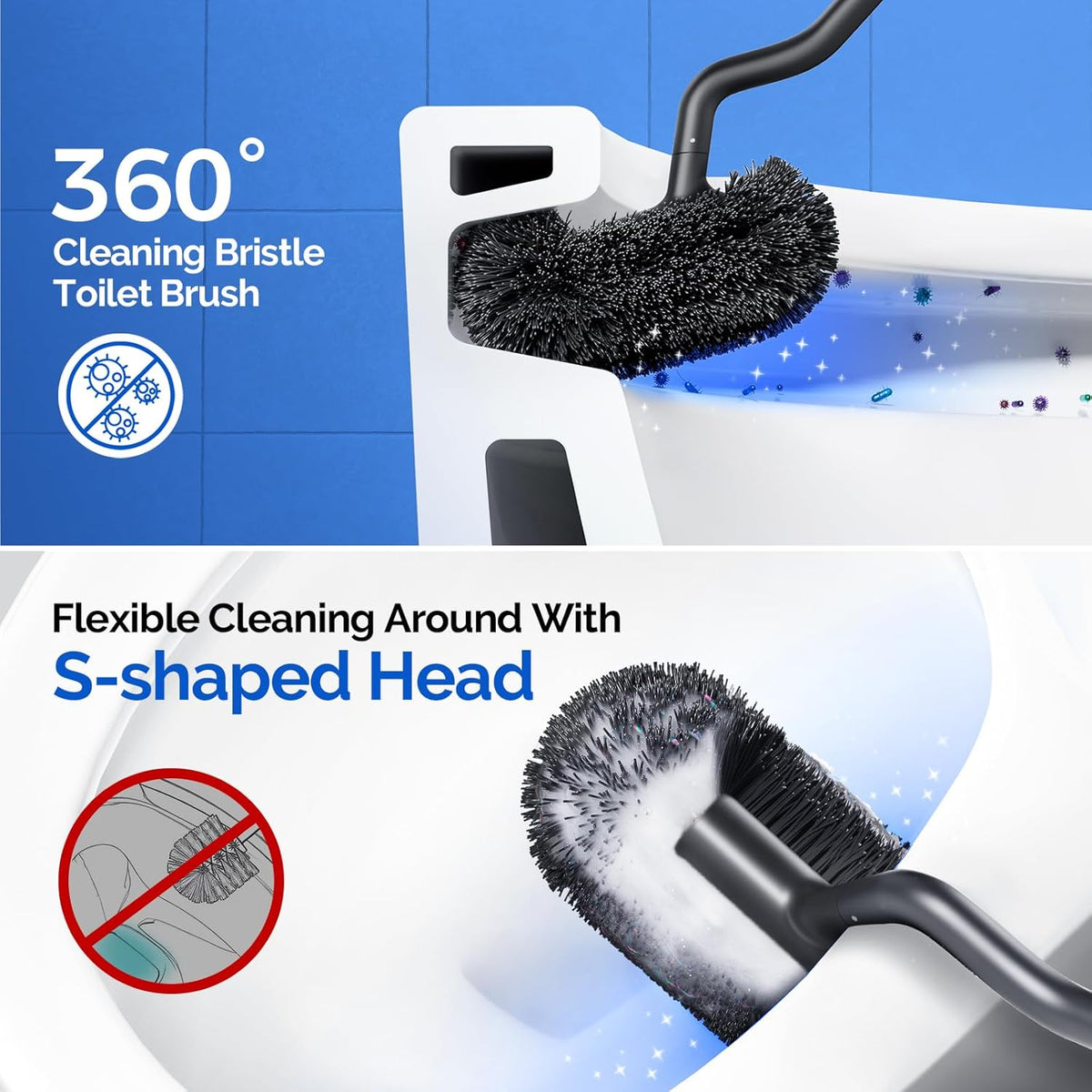 HAMITOR Toilet Brush and Holder Set: 304 Stainless Steel Heavy Duty Bowl Cleaner Brush - Deep