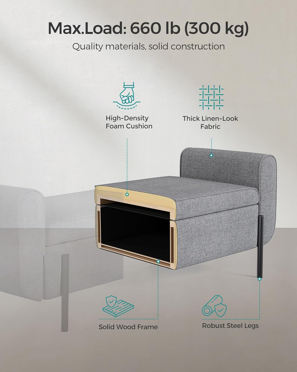SONGMICS Storage Bench with Armrests, Ottoman for Living Room, Bedroom, Entryway, Steel Legs, Light