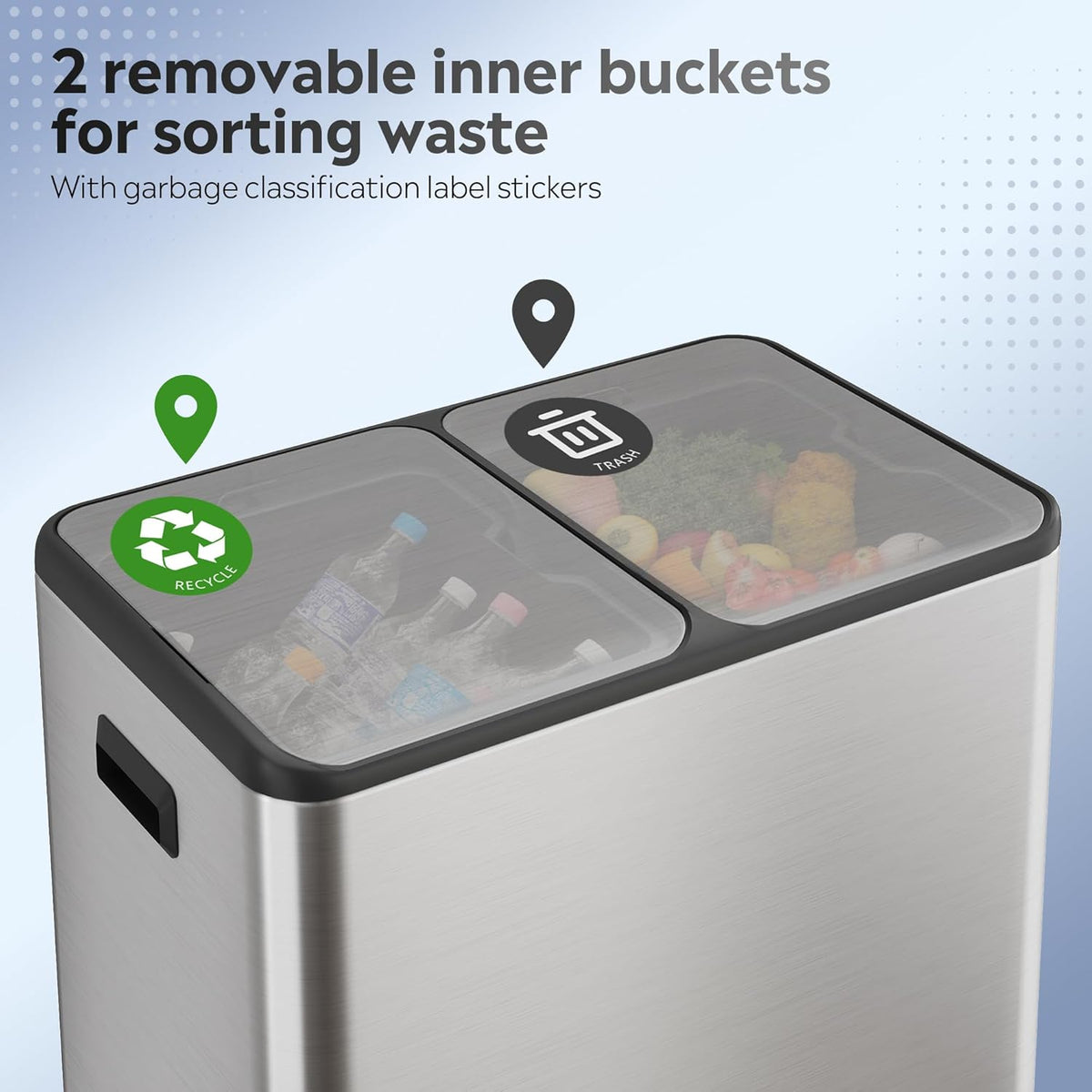 WLIVE 2 x 8 Gallon / 2 x 30 Liter Dual Trash Can, Stainless Steel Double Compartment Classified
