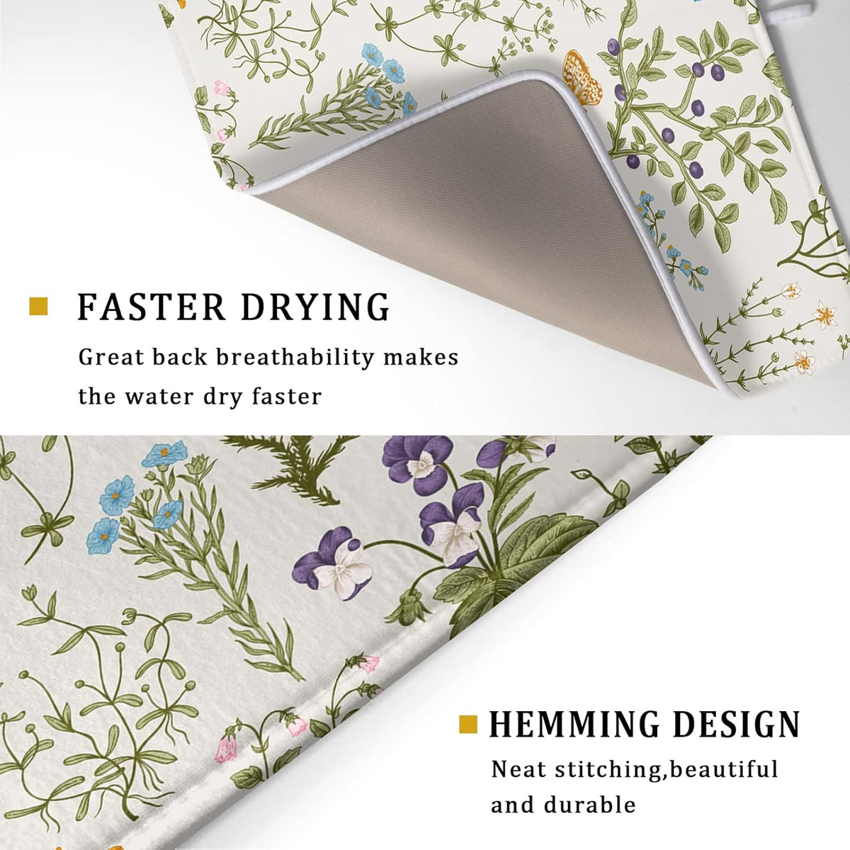 Wild Flowers Herbs Dish Drying Mat for Kitchen Counter Decor 18x24 Inch Vintage Floral Absorbent