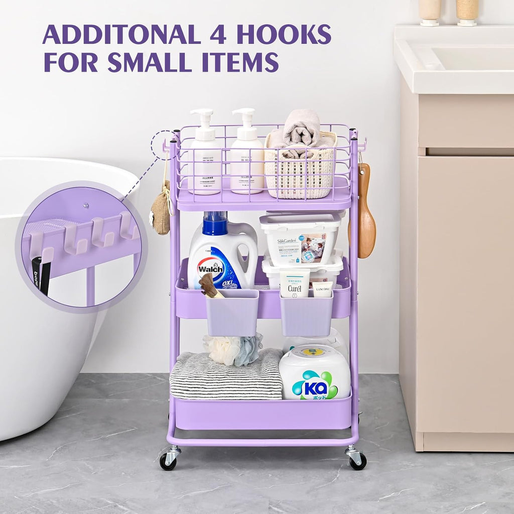 KINGRACK 3 Tier Rolling Cart, Metal Mobile Storage Shelf with Lockable Wheels, Prevent Falling