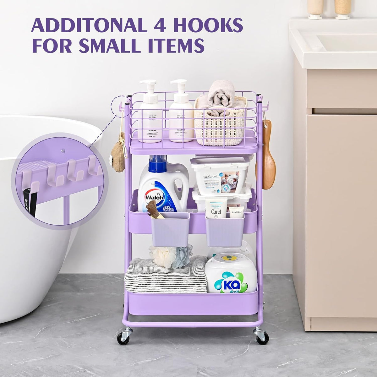 KINGRACK 3 Tier Rolling Cart, Metal Mobile Storage Shelf with Lockable Wheels, Prevent Falling