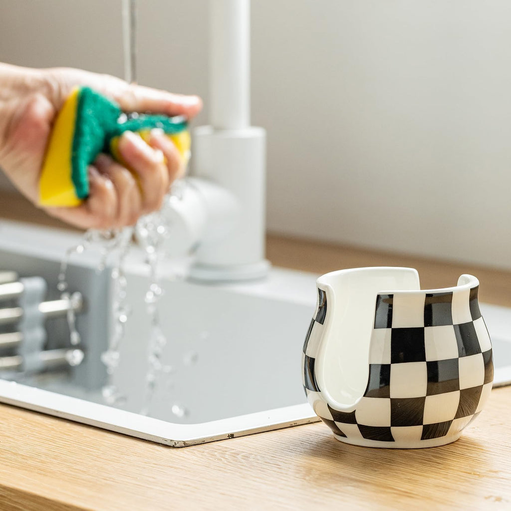 Checkered Sponge Holder for Kitchen Sink, Ceramic Dish Sponge Dish Rack Scrubby Holder Kitchen