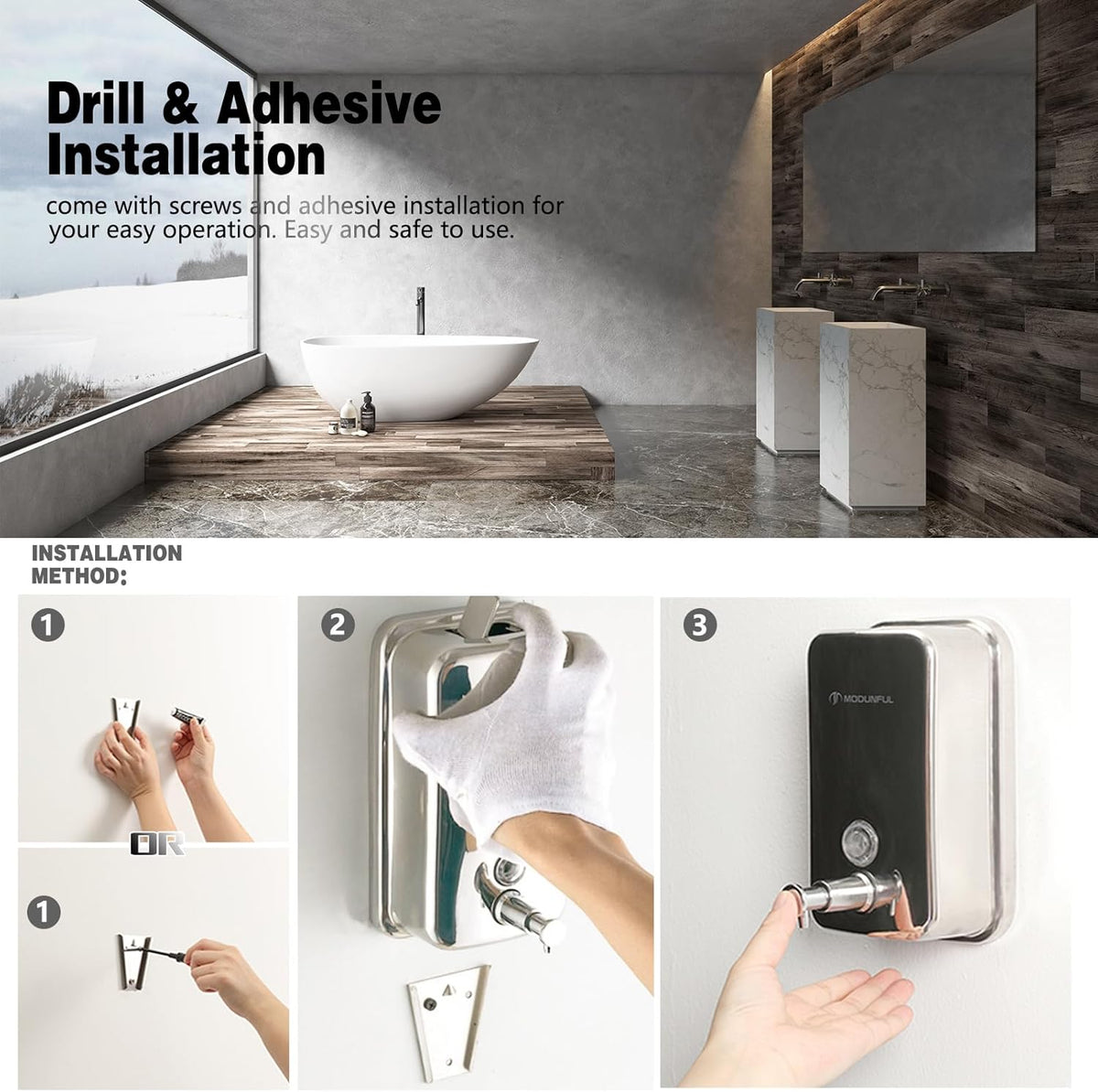 modunful Stainless Steel Soap Dispenser – 27oz Wall Mounted for Family Use, Brushed Nickel