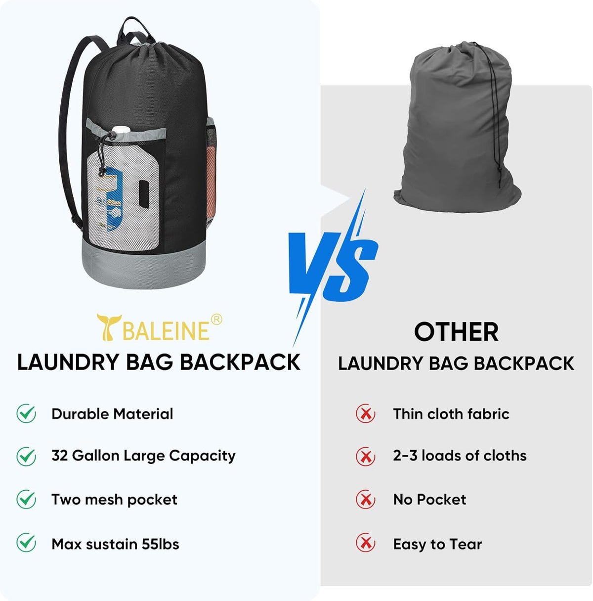 BALEINE 120L Laundry Bag Backpack, 900D Oxford Fabric Large Travel Laundry Bags with Shoulder