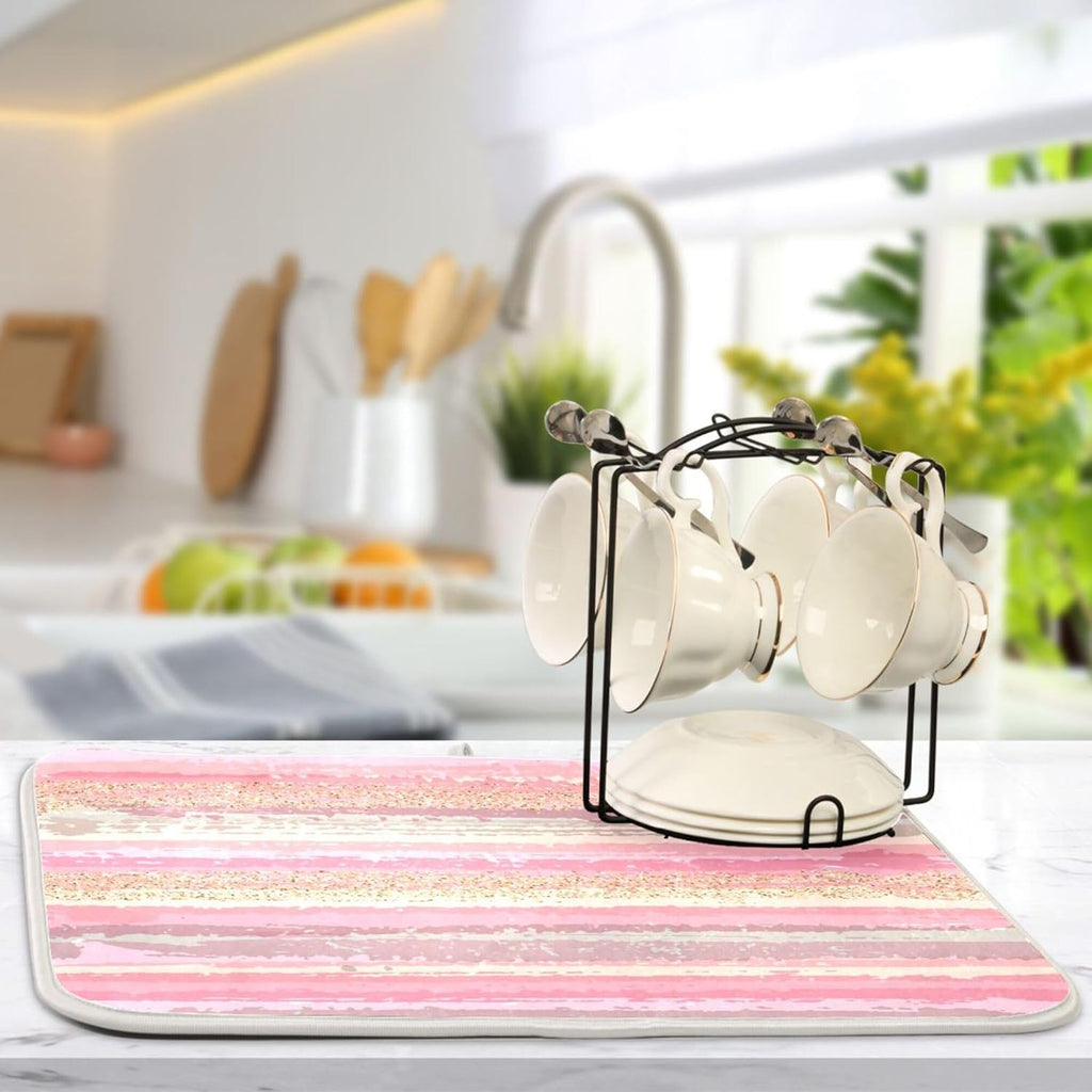 Pink Gold Stripe Dish Drying Mat for Kitchen Countertop 16x18 Rectangle Small Drying Mat Reusable