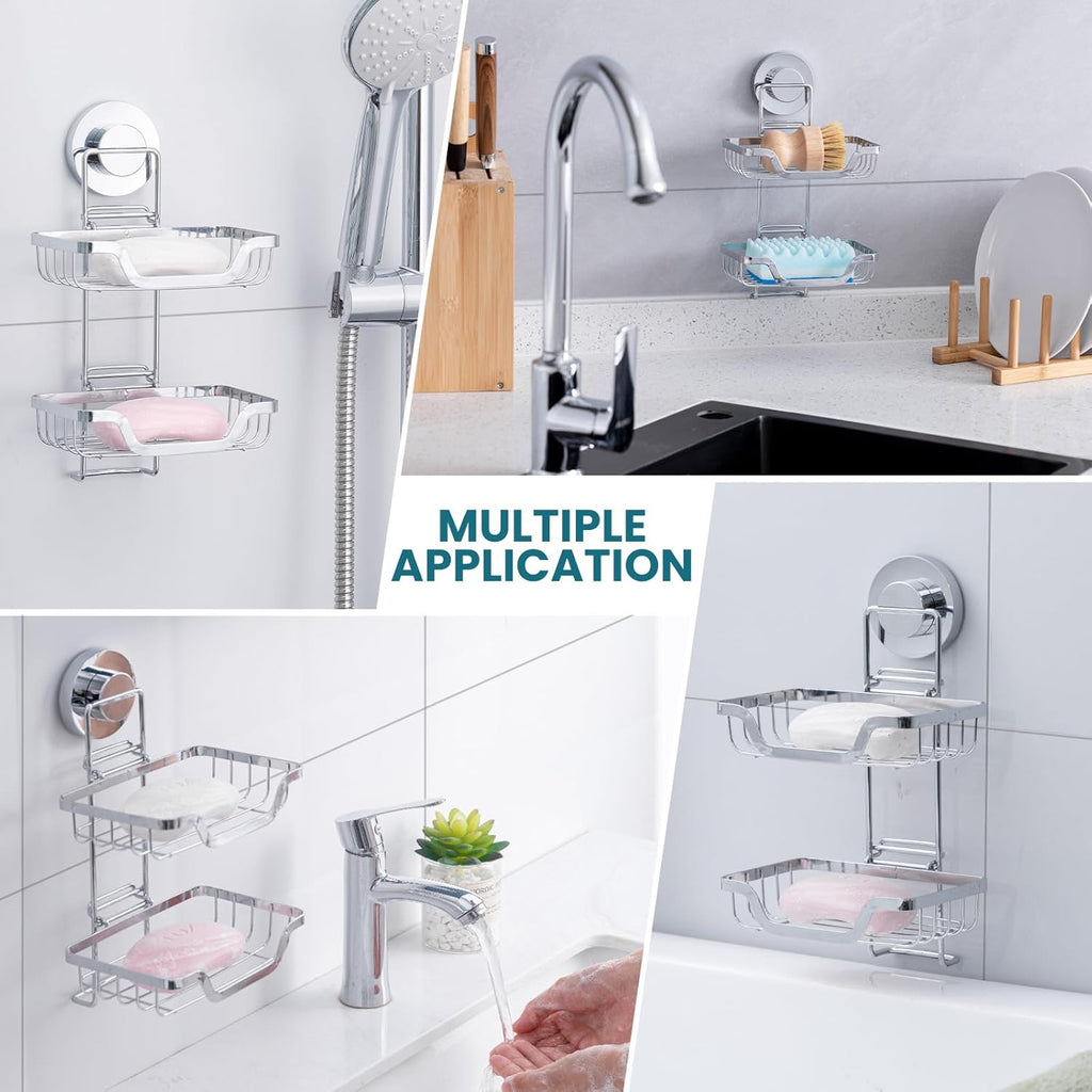 TAILI Double Layer Soap Dish Holder, Bar Soap Tray Suction Cup for Shower Wall, Draining for