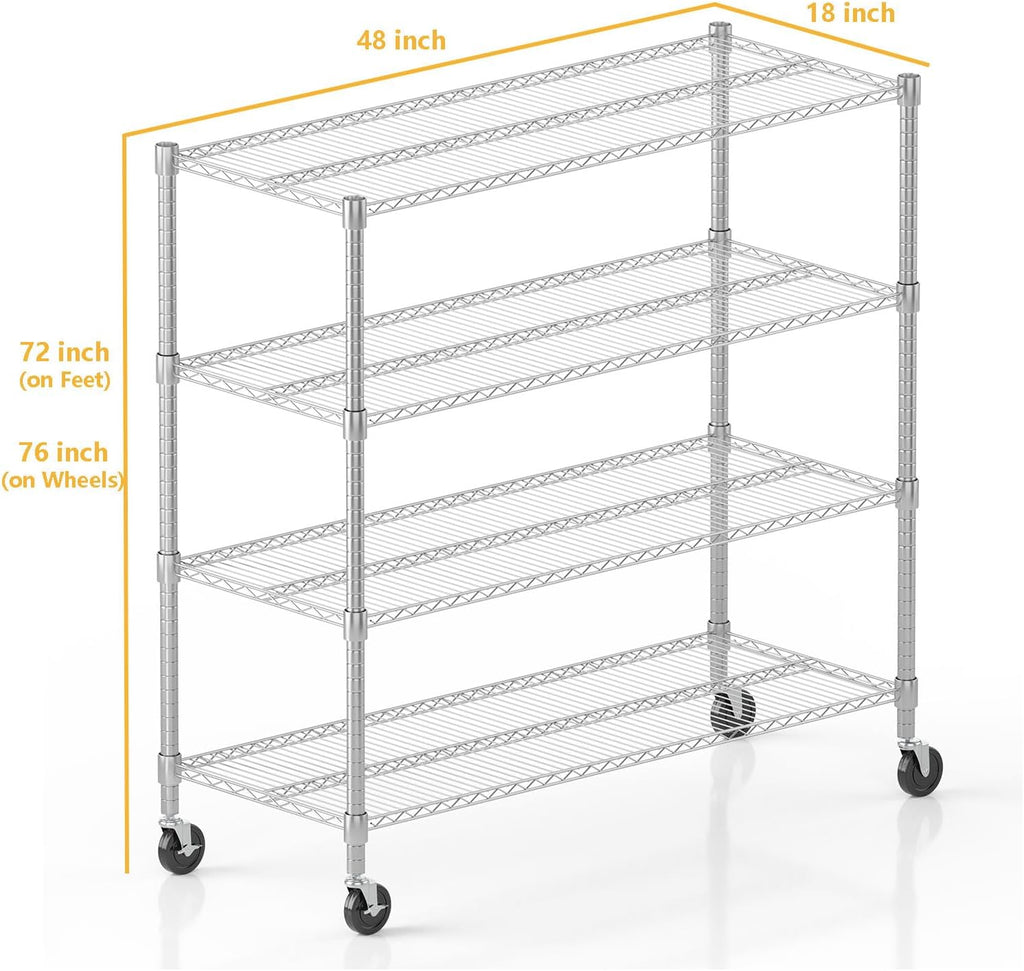 Himimi 72" H Storage Shelves 4 Tier Metal Shelving Adjustable Wire Shelf with Wheels, Heavy Duty