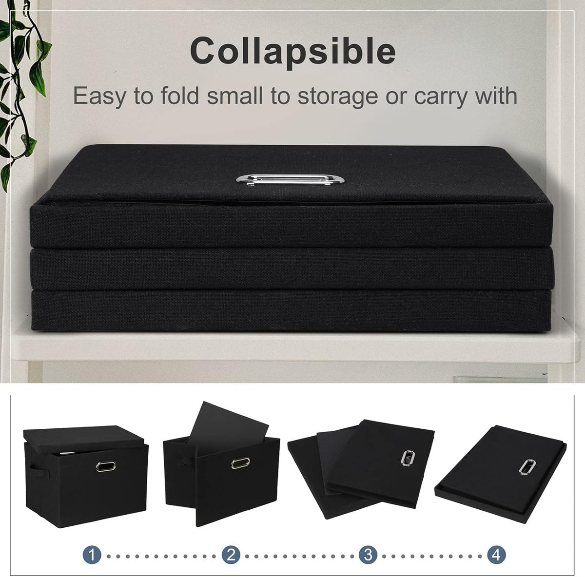Large 17" 36 Quart Collapsible Stackable Storage Bins with Lids, 5 Packs Black Linen Fabric Closet