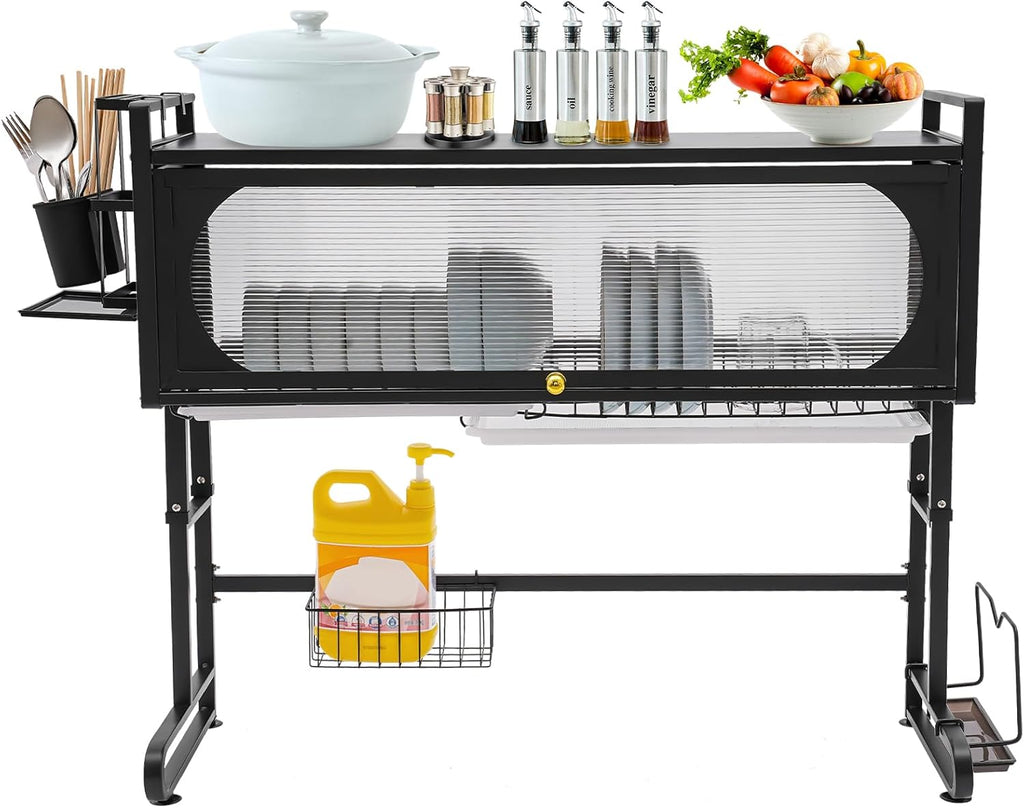 3 Tier Over The Sink Dish Drying Rack W/Clear Cabinet Door, Adjustable Dish Drainer Rack, Black