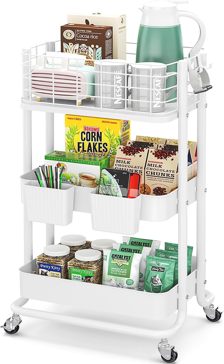 KINGRACK 3 Tier Rolling Cart, Metal Mobile Storage Shelf with Lockable Wheels, Prevent Falling