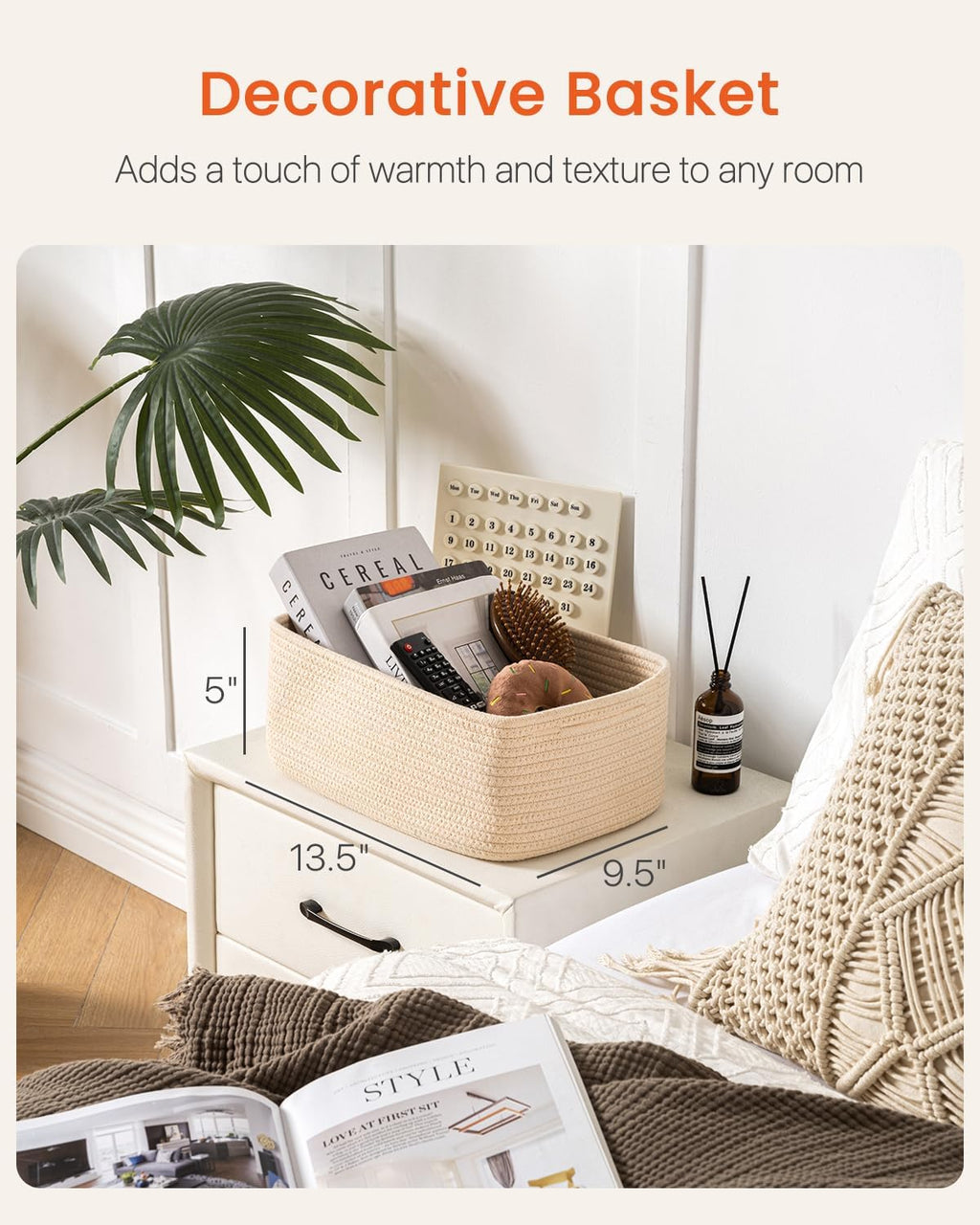 Small Woven Basket, 13.5 x 9.5 x 5 Inches, Storage Basket for Organizing, Cute Small Rope Shelf