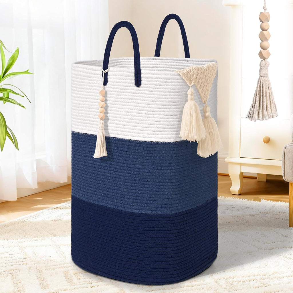 Woven Laundry Basket for Clothes,65 L Large Rectangle Laundry Hampers with Beads Tassel, Nursery