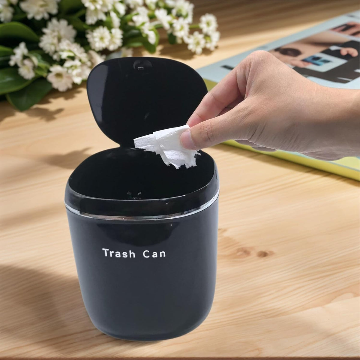 0.8 Gallon Desktop Mini Trash Can with Push-Open Lid, Small Waste Baskets Includes 50 Free Bags