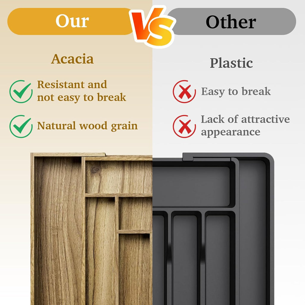 Acacia Wood Kitchen Silverware Drawer Organizer, Expandable Utensil Cutlery Drawer Organizer with