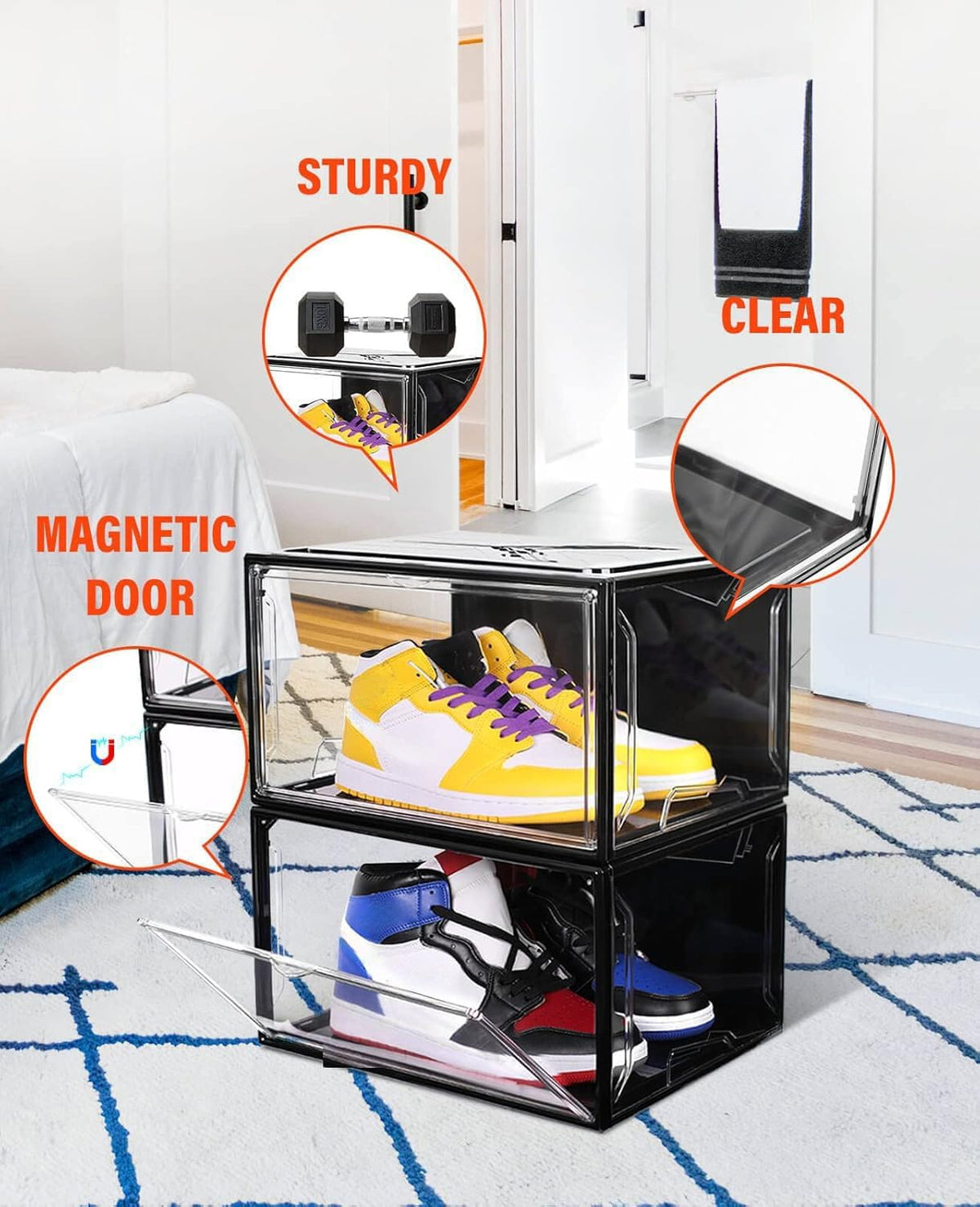KDOR Shoe Boxes Clear Plastic Stackable 10 Pack Sneaker Storage Boxes with Magnetic Door, Acrylic