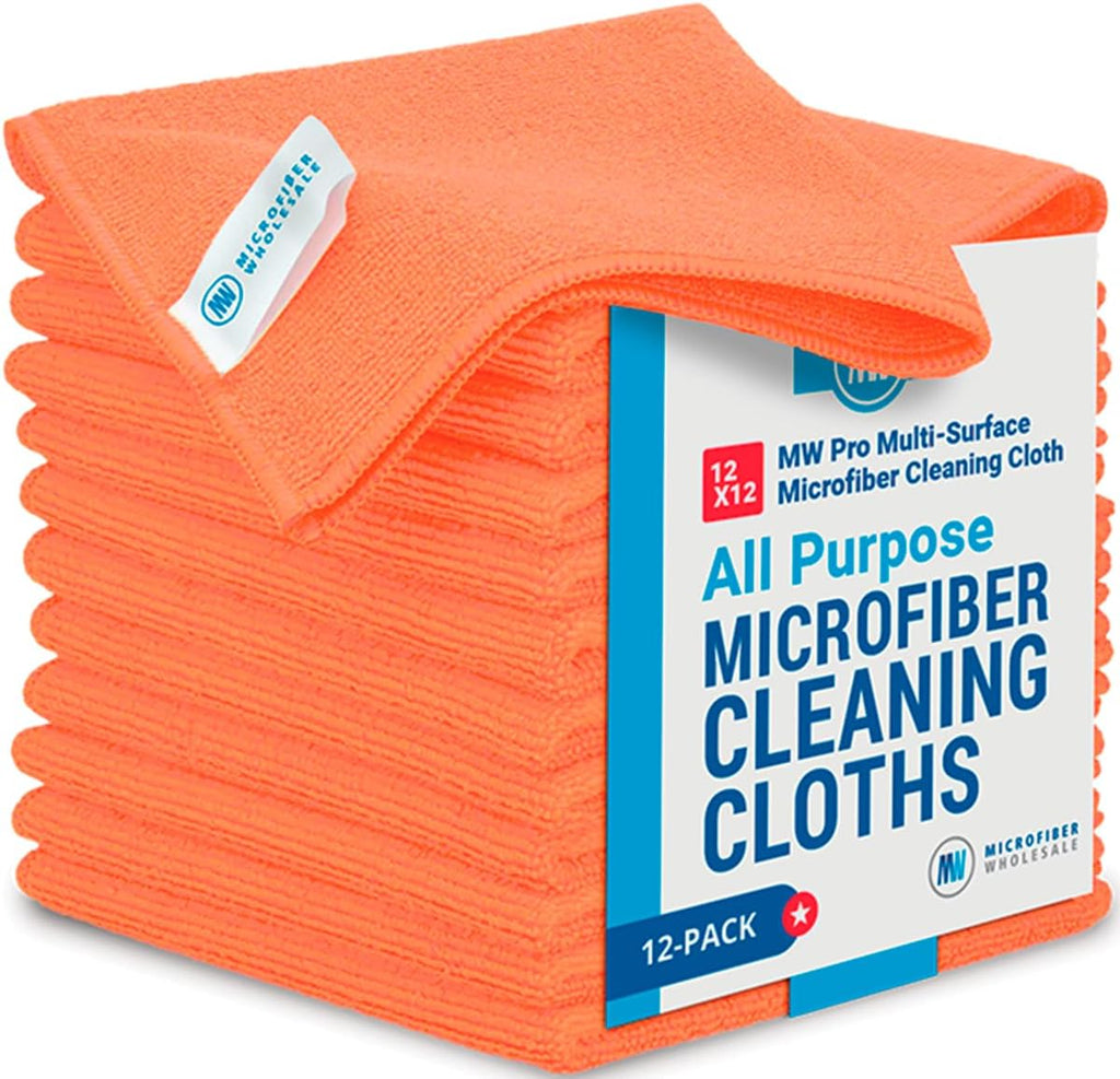 12" x 12" MW Pro Multi-Surface Microfiber Cleaning Cloths | Orange - 12 Pack | Premium Microfiber