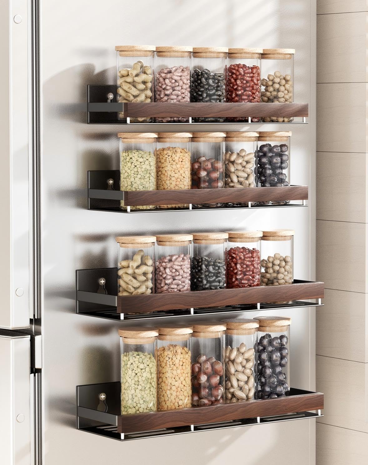 Walnut Magnetic Spice organizer for Refrigerator Wall Mount Spice Rack Magnetic Fridge Shelf Spice