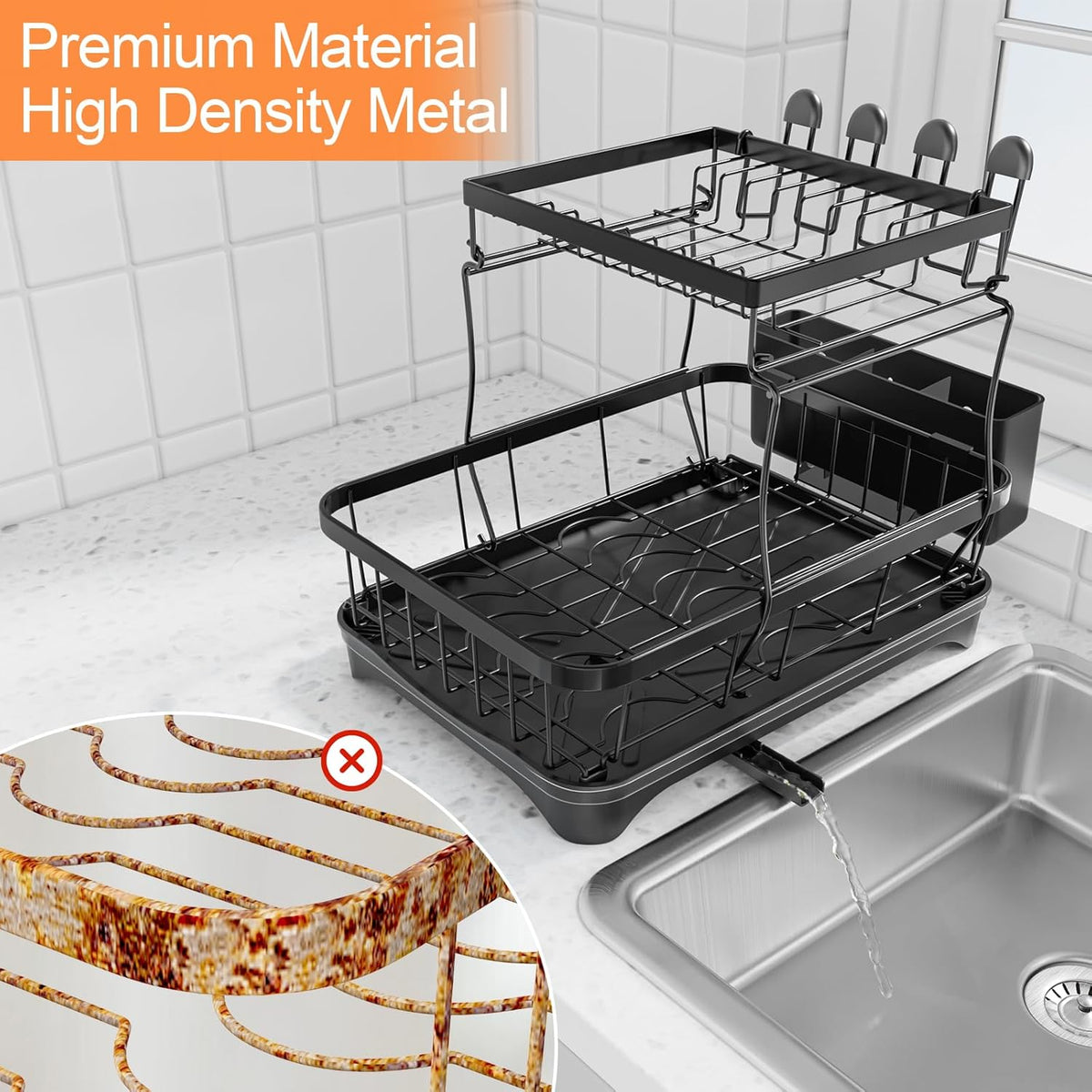 Dish Drying Rack Two-Tier Drying Rack with Utensil Holder, Auto-Draining Dish Rack for Kitchen