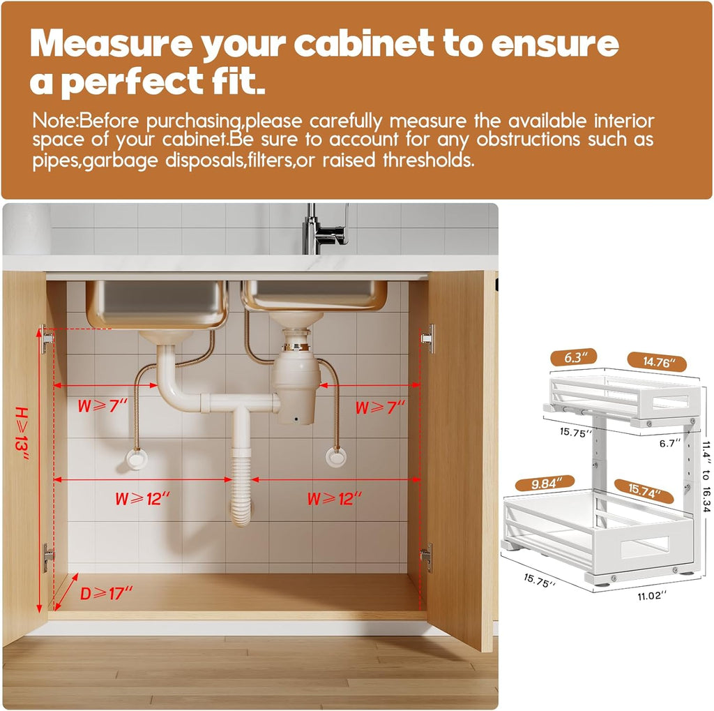 2-Pack Under Sink Organizers and Storage,2-Tier L Shape Pull Out Cabinet Organizer With Round Tube