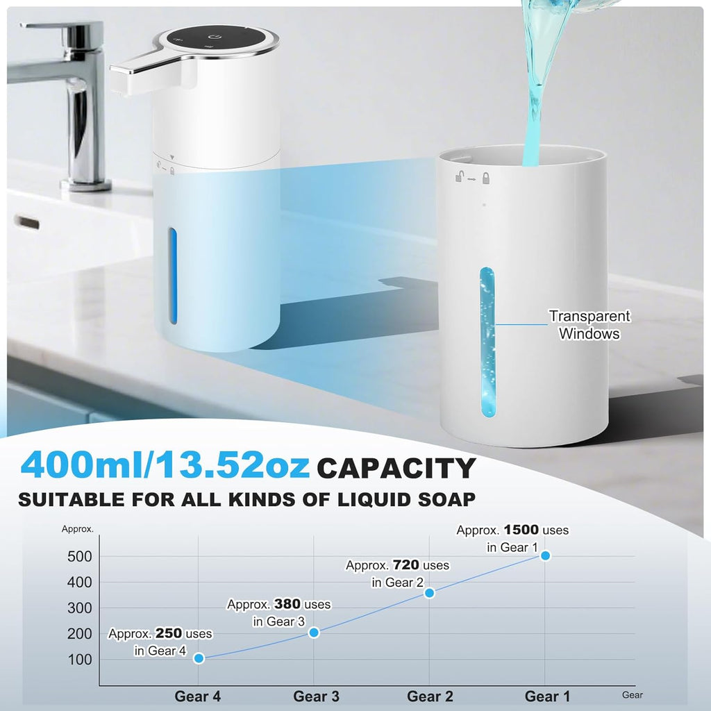 Automatic Soap Dispenser Liquid Touchless: 13.52oz/400ml Wall USB Rechargeable - 4-Level Adjustable