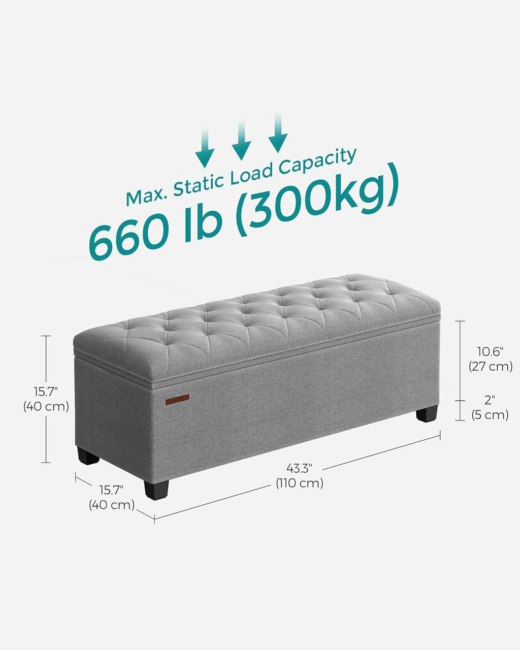 SONGMICS Storage Ottoman Bench, Foot Rest with Legs, 15.7 x 43.3 x 15.7 Inches, End of Bed Bench