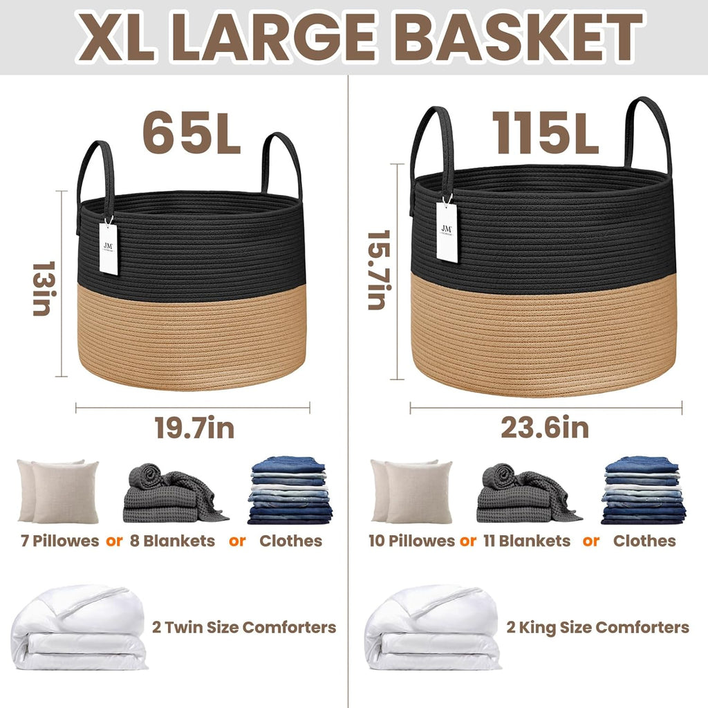 Woven Blanket Basket,65L Large Rope Storage Bin with Handles, Organizer for Blankets Toys Book and