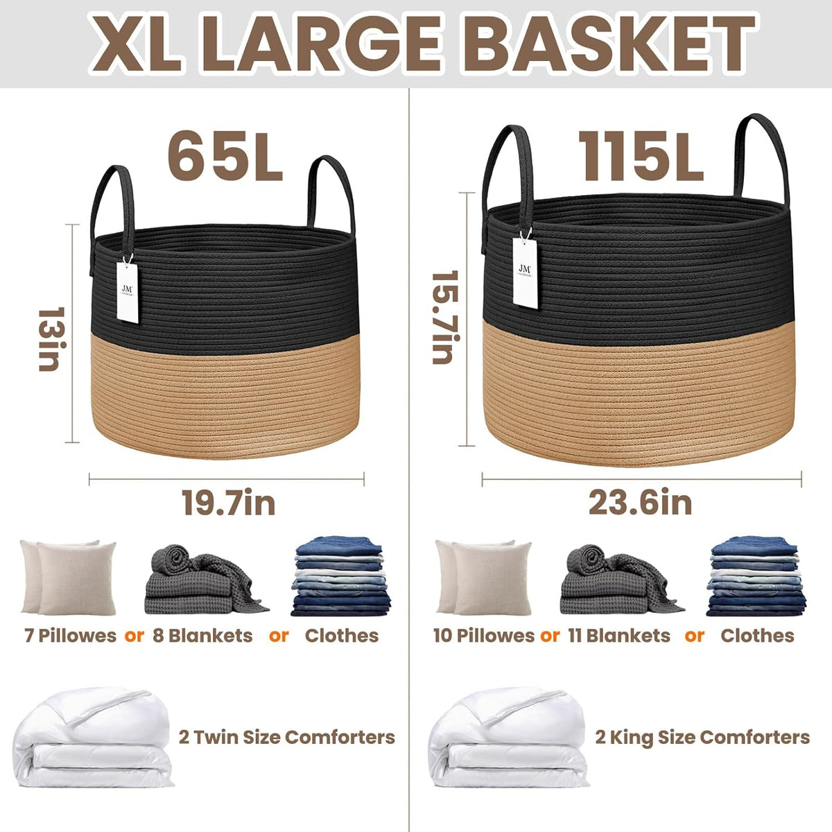 Woven Blanket Basket,65L Large Rope Storage Bin with Handles, Organizer for Blankets Toys Book and