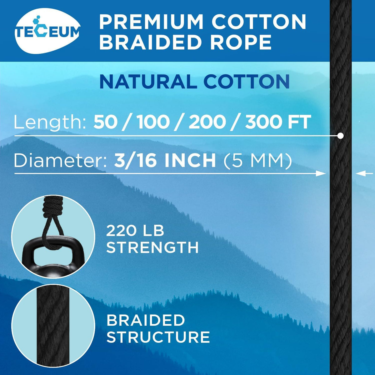 TECEUM Cotton Rope 3/16” (5 mm) – 200 FT – Strong All-Purpose Braided Rope – Natural Cotton – for