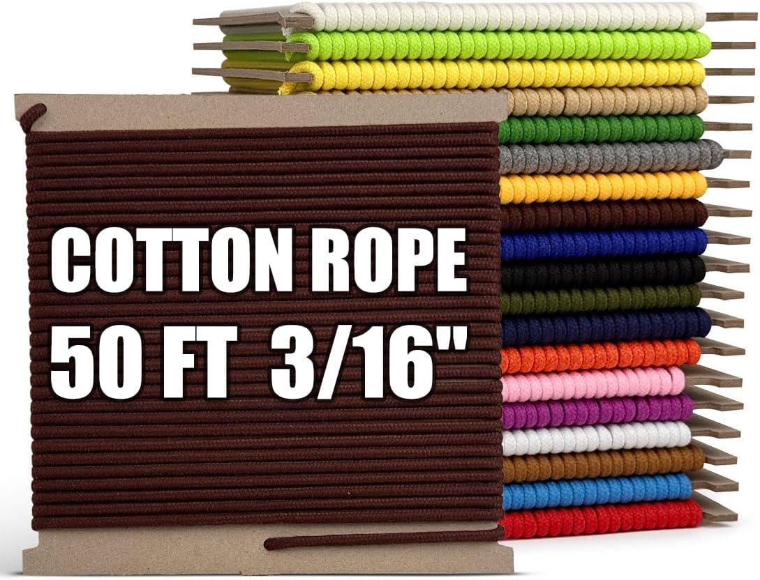 PerkHomy 500lb Cotton Rope 3/16" (5mm) 50 ft Multi Purpose Utility Diamond Braided Cord, Natural