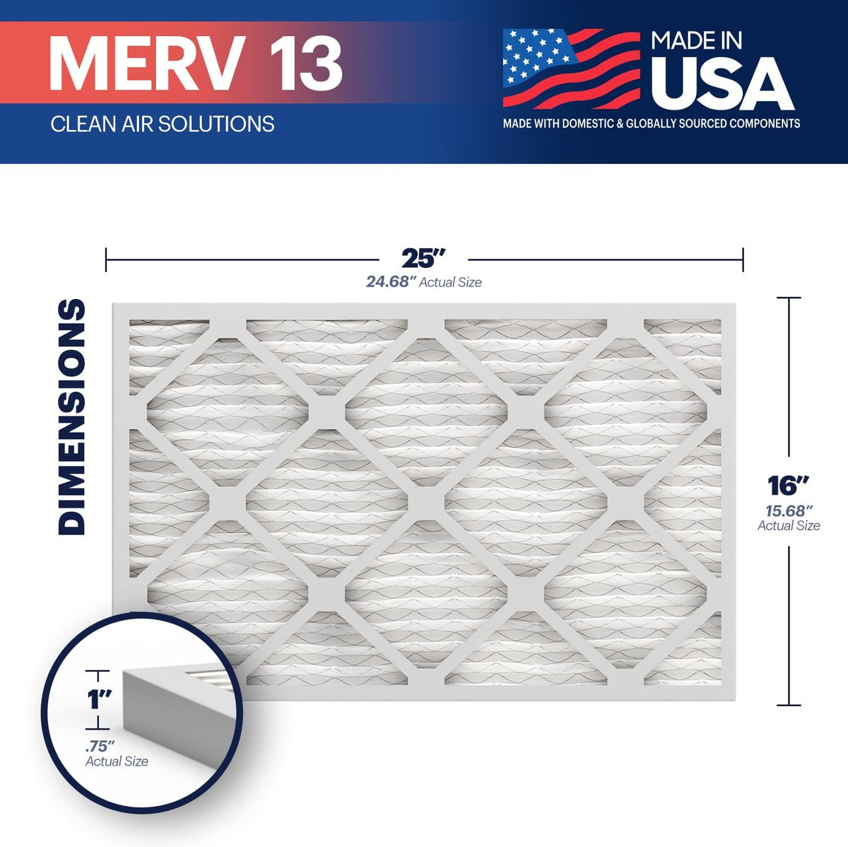 BNX TruFilter 16x25x1 Air Filter MERV 13 (4-Pack) - MADE IN USA - Electrostatic Pleated Air