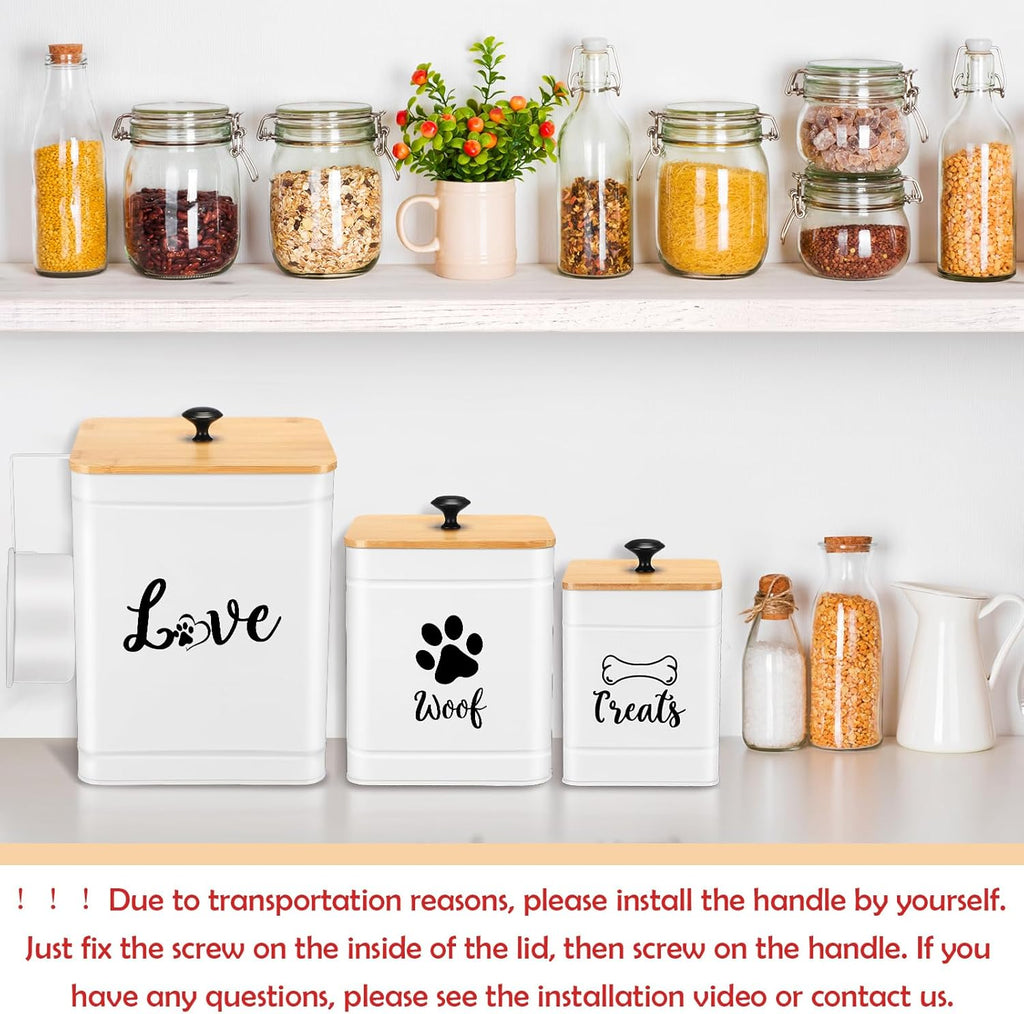 Metal Dog Treat Containers Set of 3 with Bamboo Lids and Spoon Airtight 7+3+2 lbs Dog Food Snack