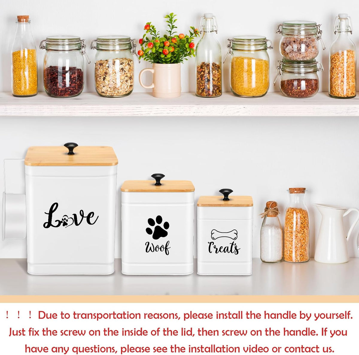 Metal Dog Treat Containers Set of 3 with Bamboo Lids and Spoon Airtight 7+3+2 lbs Dog Food Snack