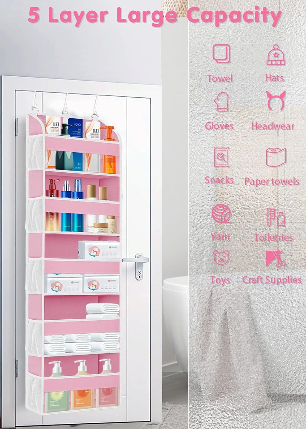1 Pack Over The Door Storage Organizer with 5 Pockets 10 Mesh Pockets, 44 lbs Weight Capacity Door